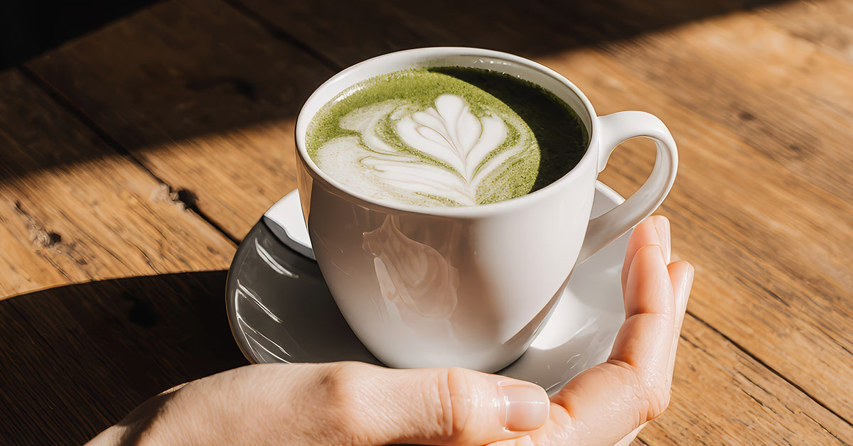 Hand holding a white cup of matcha latte with leaf-shaped latte art on wooden table.