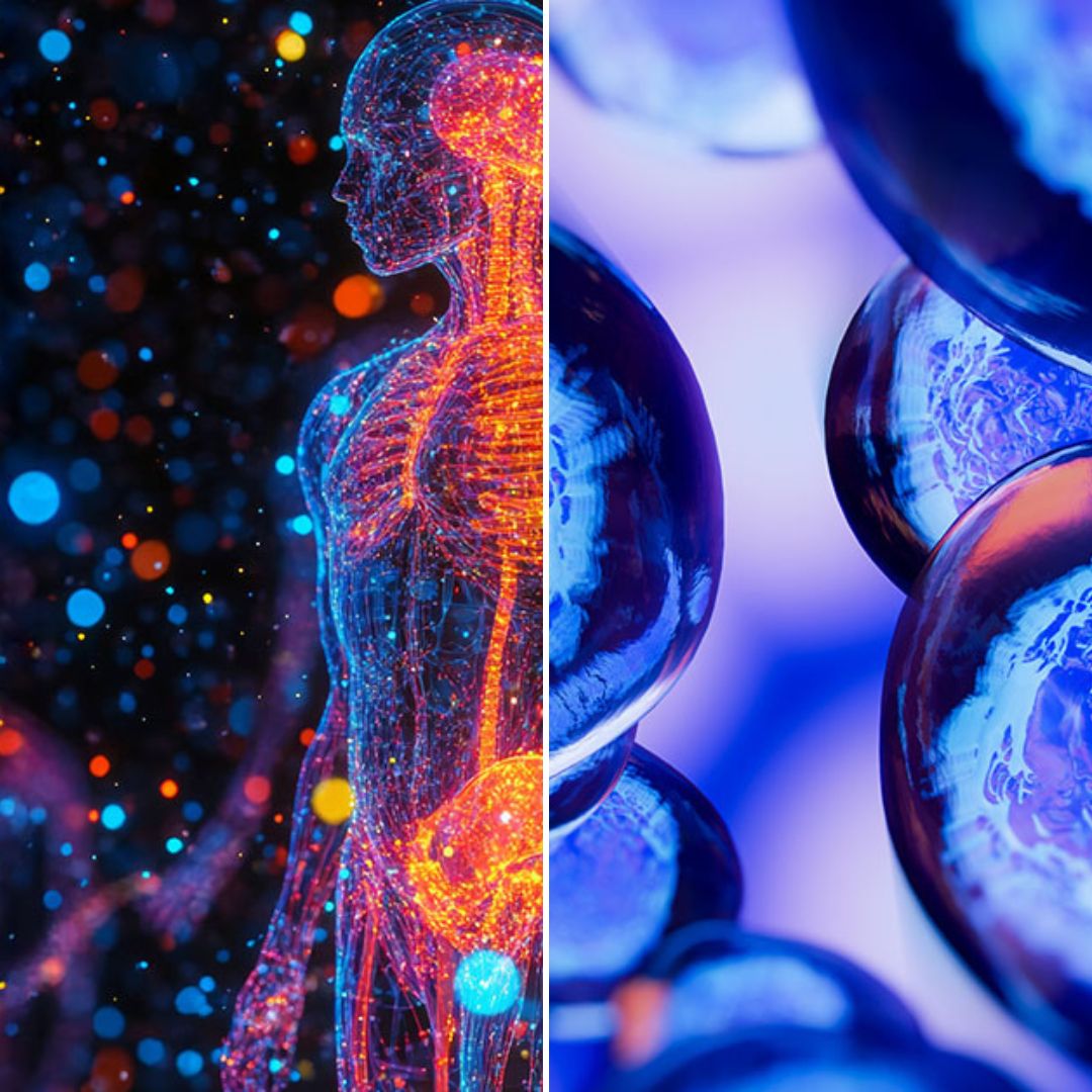 Split image showing a digital human figure with highlighted neural and vascular systems on the left and close-up of blue and purple microscopic cells on the right.
