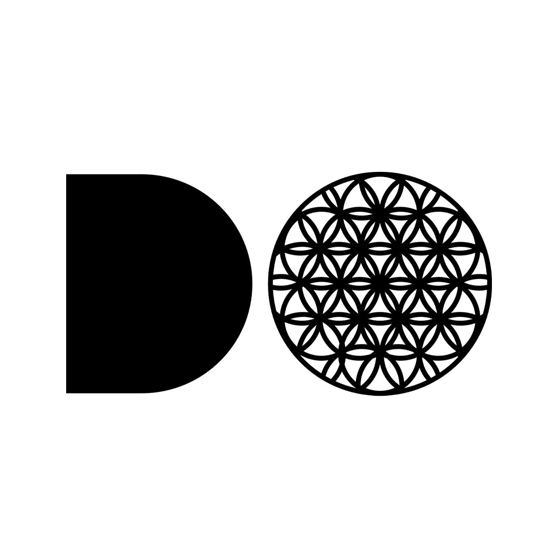 Left solid black semicircle and right black circle with interlocking geometric flower pattern on white background.
