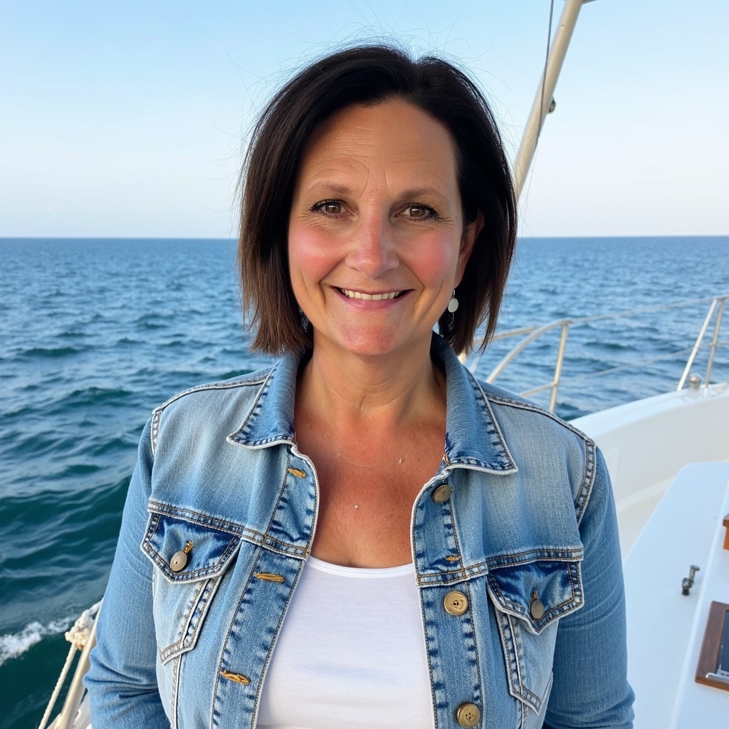 Smiling woman with short dark hair wearing a denim jacket and white shirt standing on a boat with ocean in the background.
