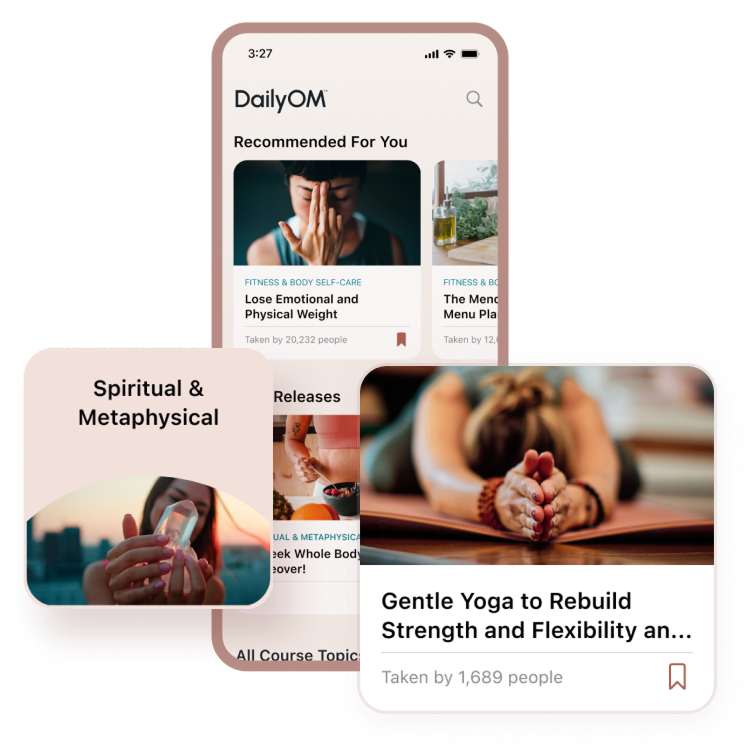 DailyOM app interface showing recommended courses including 'Lose Emotional and Physical Weight' and 'Gentle Yoga to Rebuild Strength and Flexibility' with images of a person meditating and stretching.